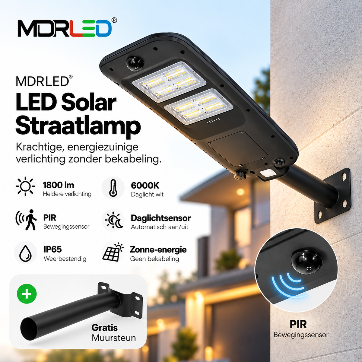 LED solar straatlamp | 1800lm | 6000K | PIR + daglichtsensor | IP65 | Incl. muursteun