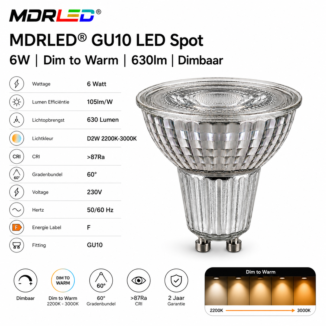 MDRLED® GU10 LED Spot 6W | Dim to Warm | 630lm | Dimbaar