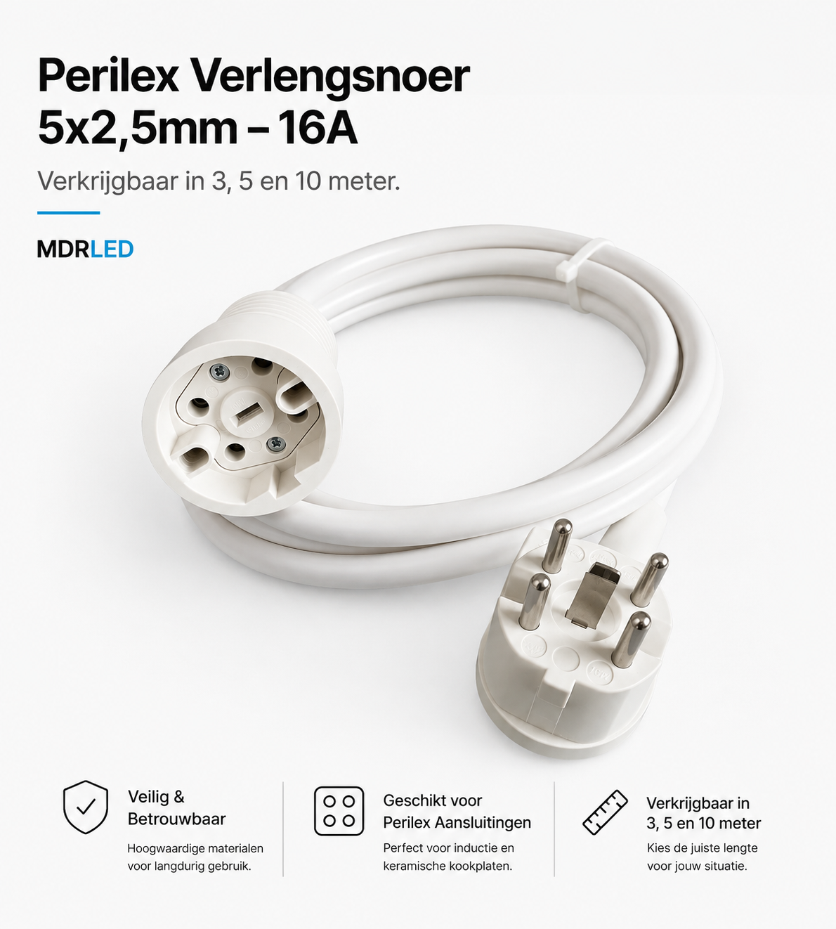 Kabel sprzęgający Perilex 16A odporny na ciepło, 3 do 10 metrów, bardzo gruby kabel, 5x2,5 mm, biała dioda LED MDR®