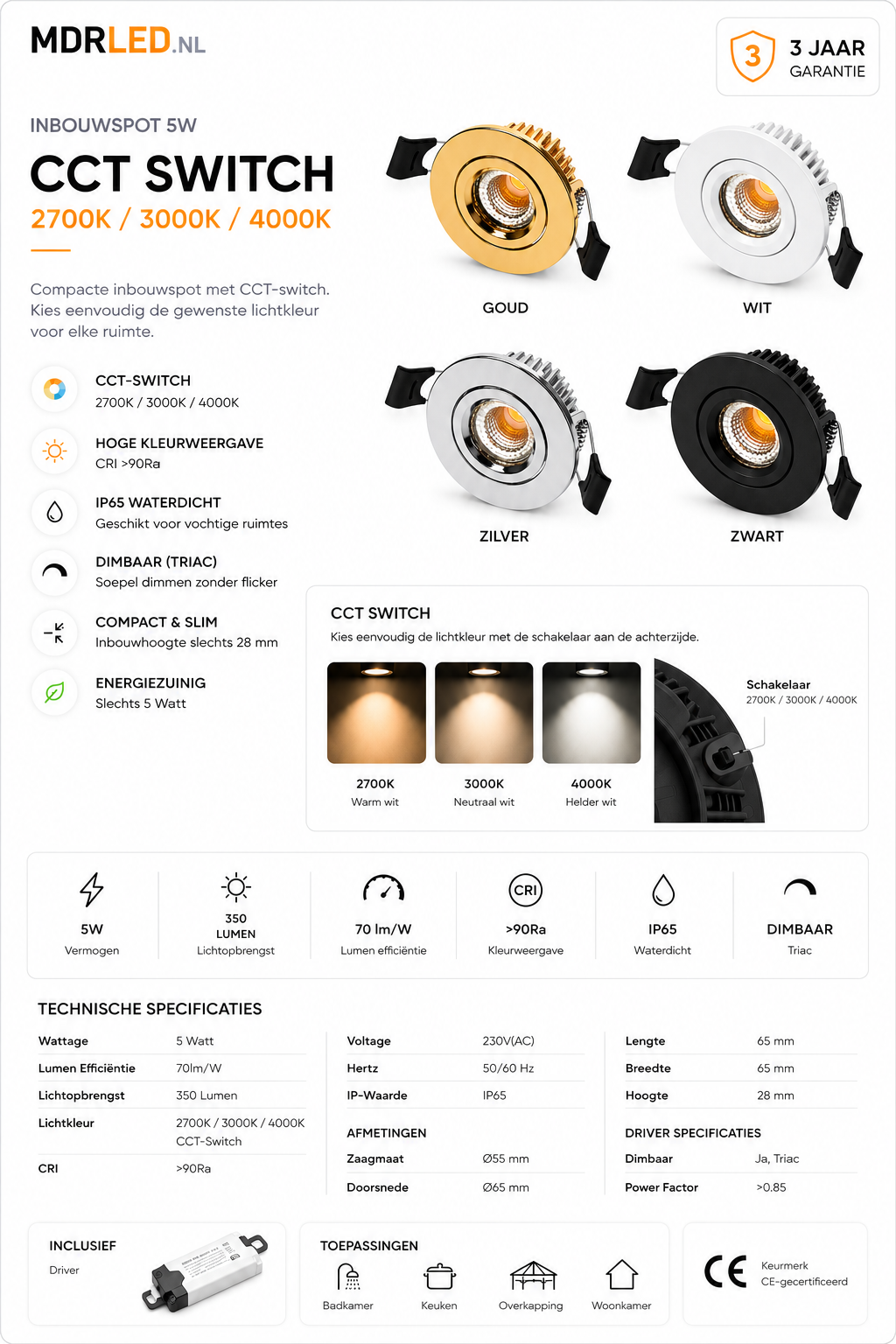 LED Inbouwspot Slim-Fit 5W | Dimbaar | IP65 | CCT-Switch | Zilver | MDRLED®