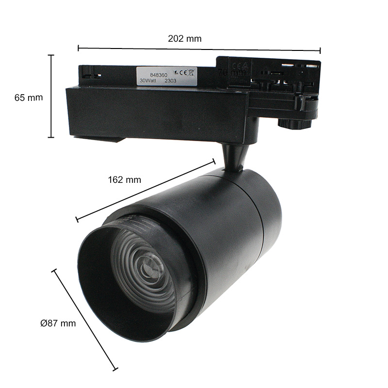 3-Fase Railspot 30W Zwart Zoombaar 15°–60° Dimbaar CRI>82 4000K=