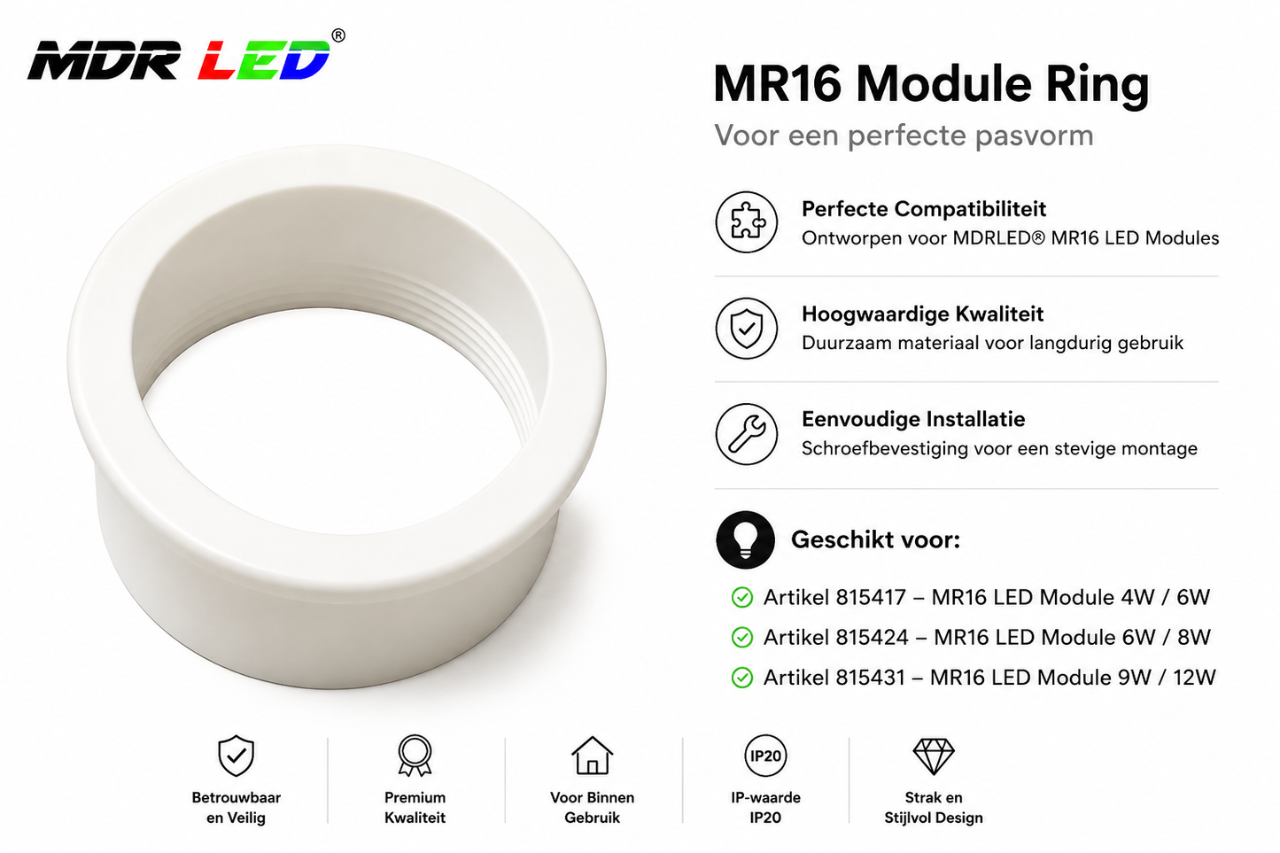 Witte Ring | Voor MR16 LED Module | Ø50 mm | Wit | MDRLED®