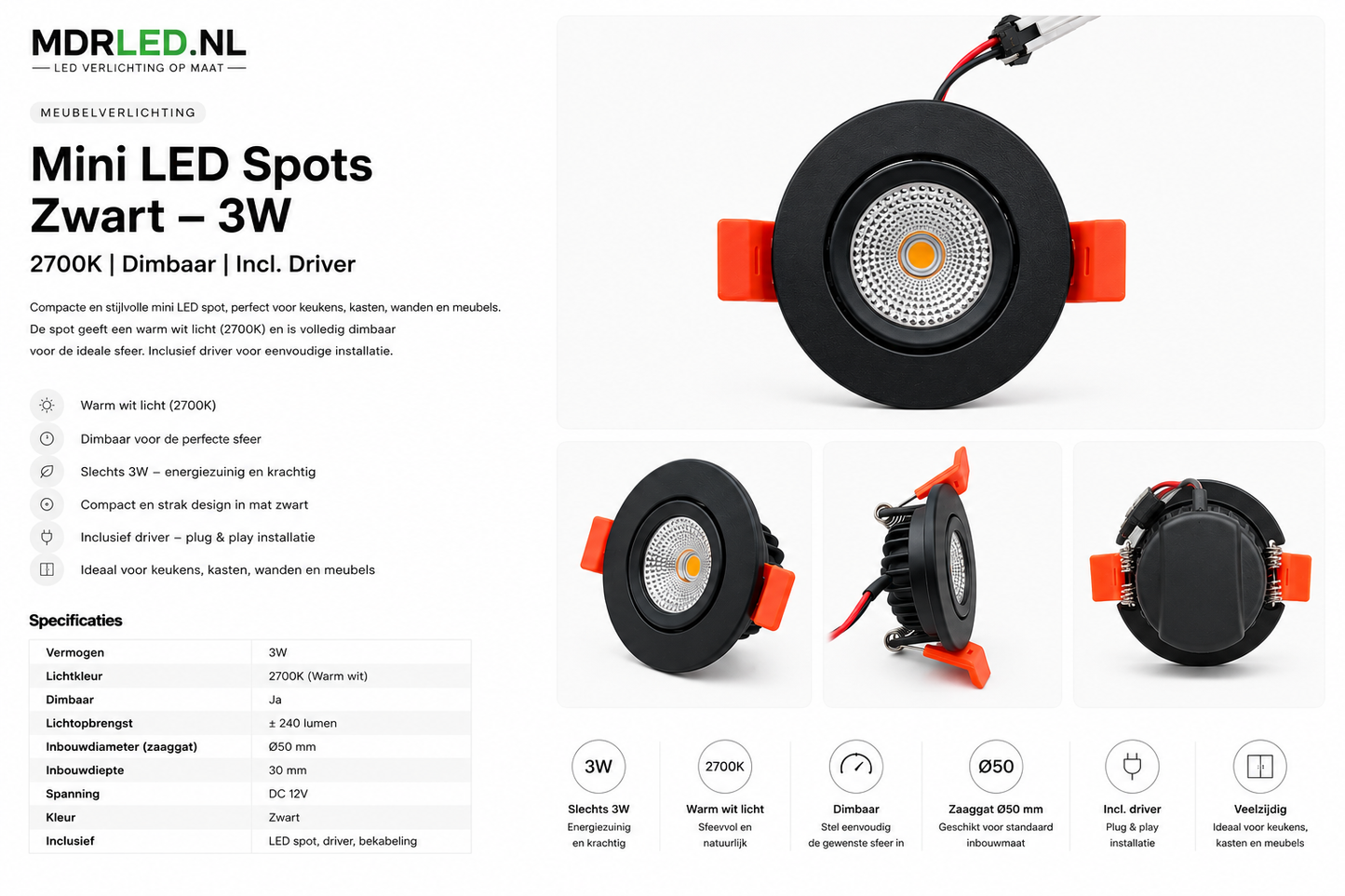 Mini LED Spots Schwarz – Typ Mini Schwarz, 2700K, 3 Watt, DIMMBAR MDR LED®