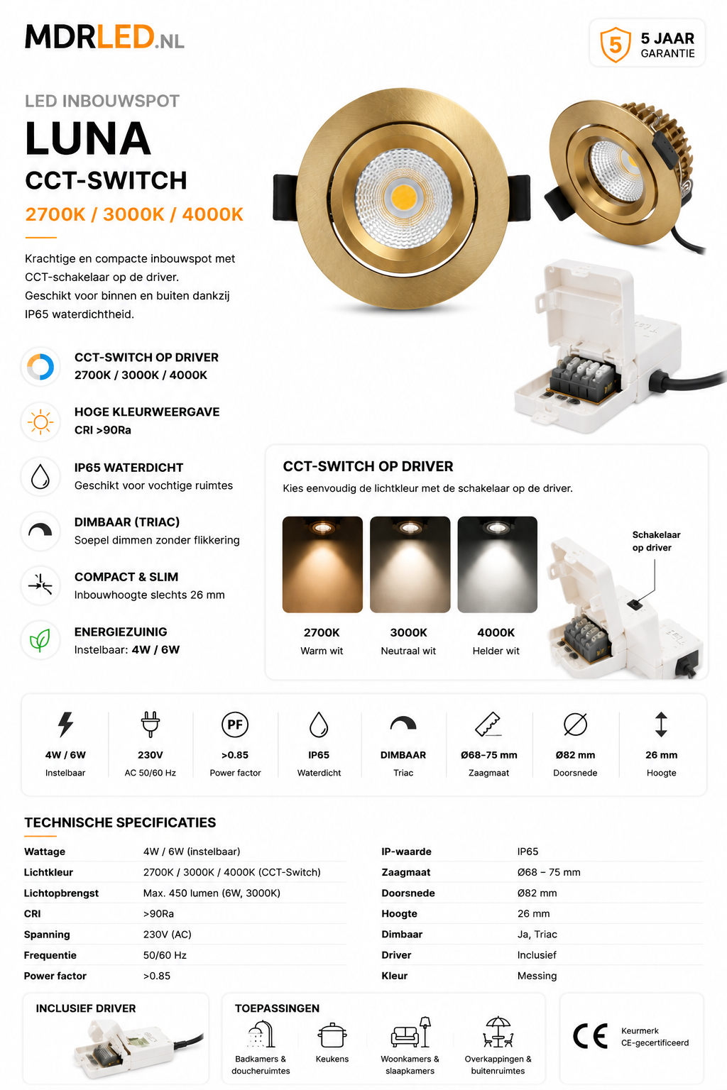 LED Inbouwspot LUNA 6W Dimbaar Messing CCT-Switch IP65