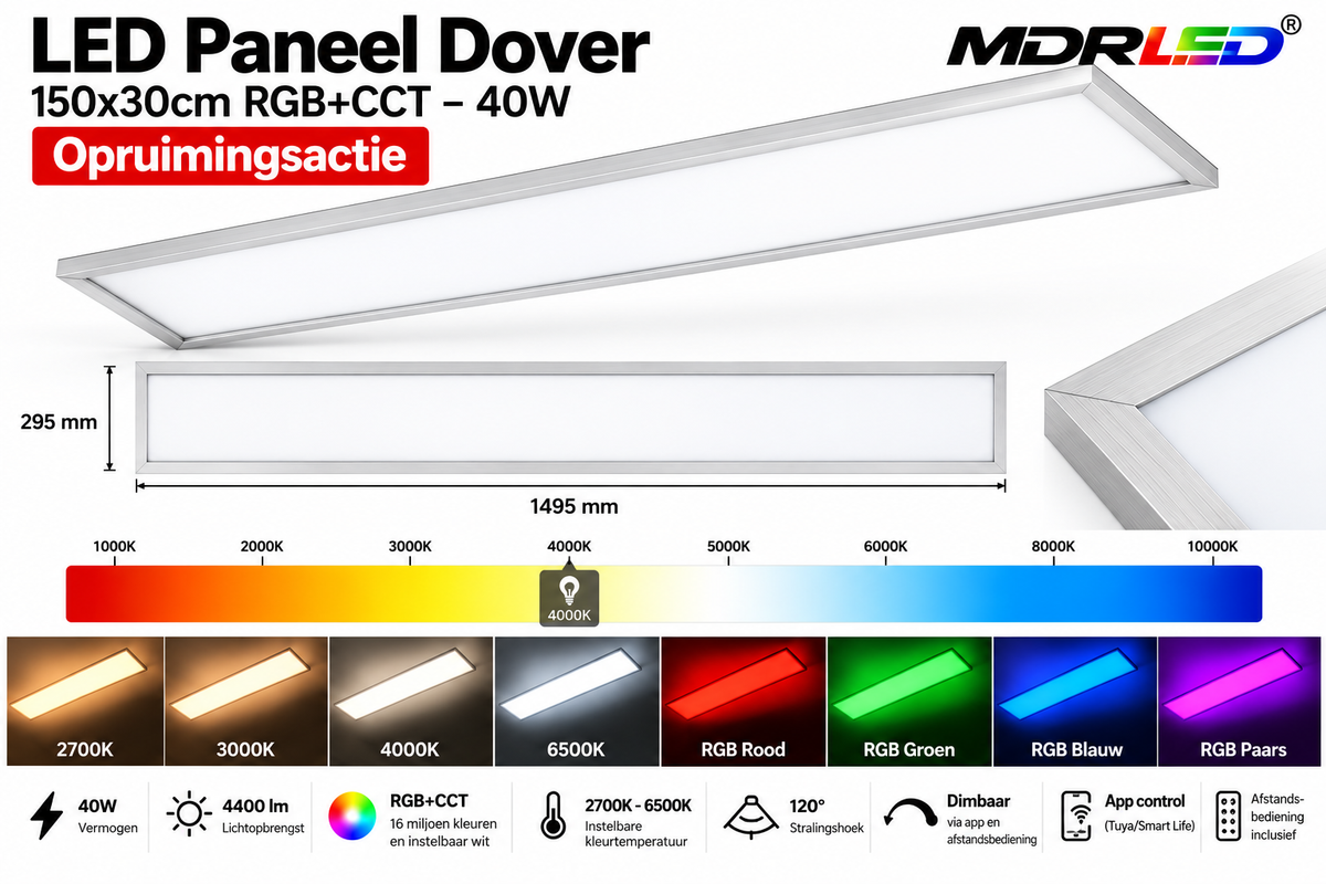 LED Paneel Dover 150x30cm – 40W – RGB+CCT – Opruiming