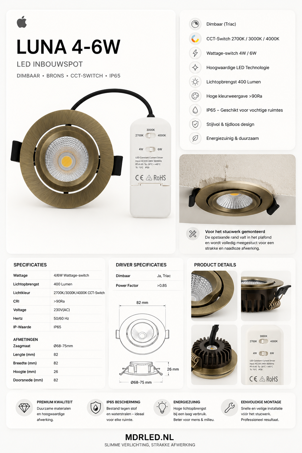 LED Inbouwspot LUNA 4- 6W Dimbaar Brons CCT-Switch IP65