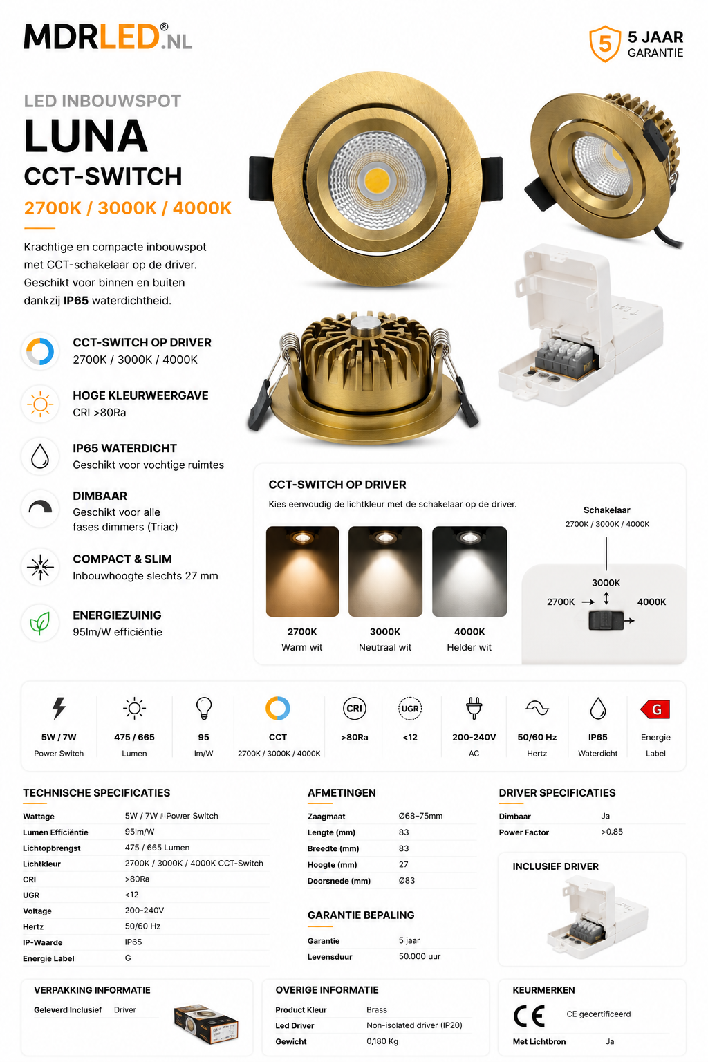 LED INBOUWSPOT MDRLED® 5W/7W CCT-SWITCH Messing