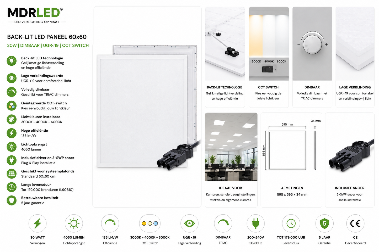Back-lit LED Paneel 60x60 30W UGR<19 Dimbaar CCT Switch MDRLED®