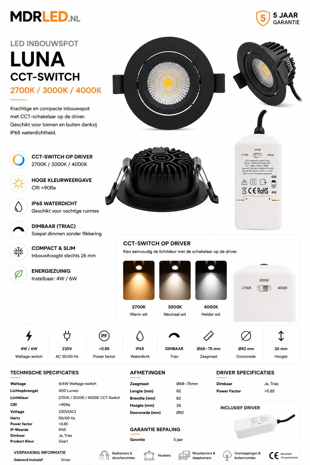 LED INBOUWSPOT Luna 6W DIM ZWART CCT-SWITCH