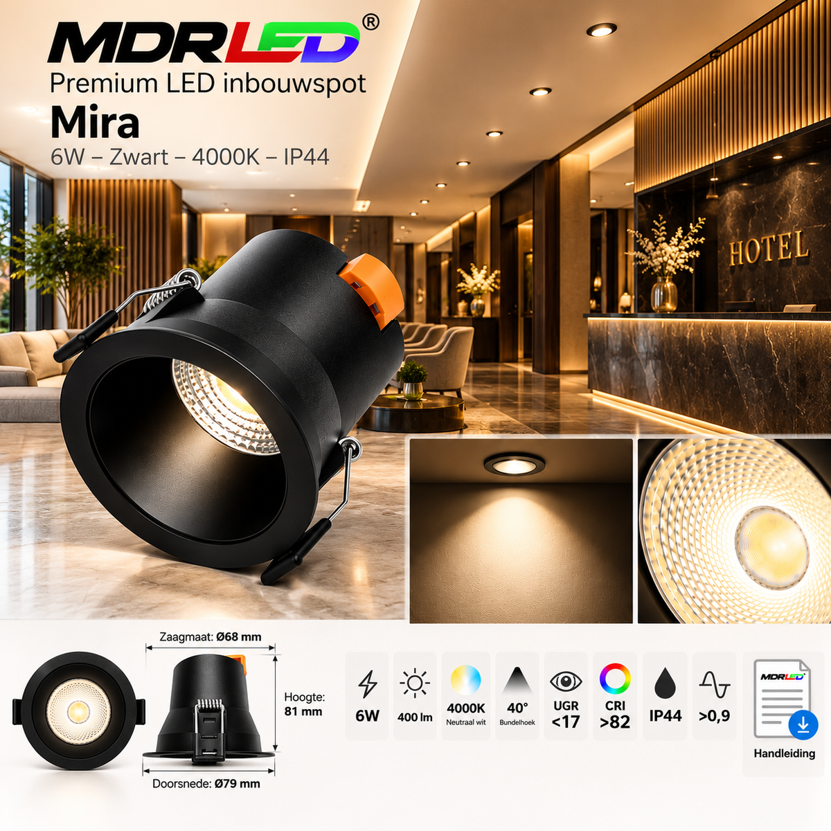 LED Inbouwspot Mira 6W – Zwart – 4000K – Dimbaar – IP44
