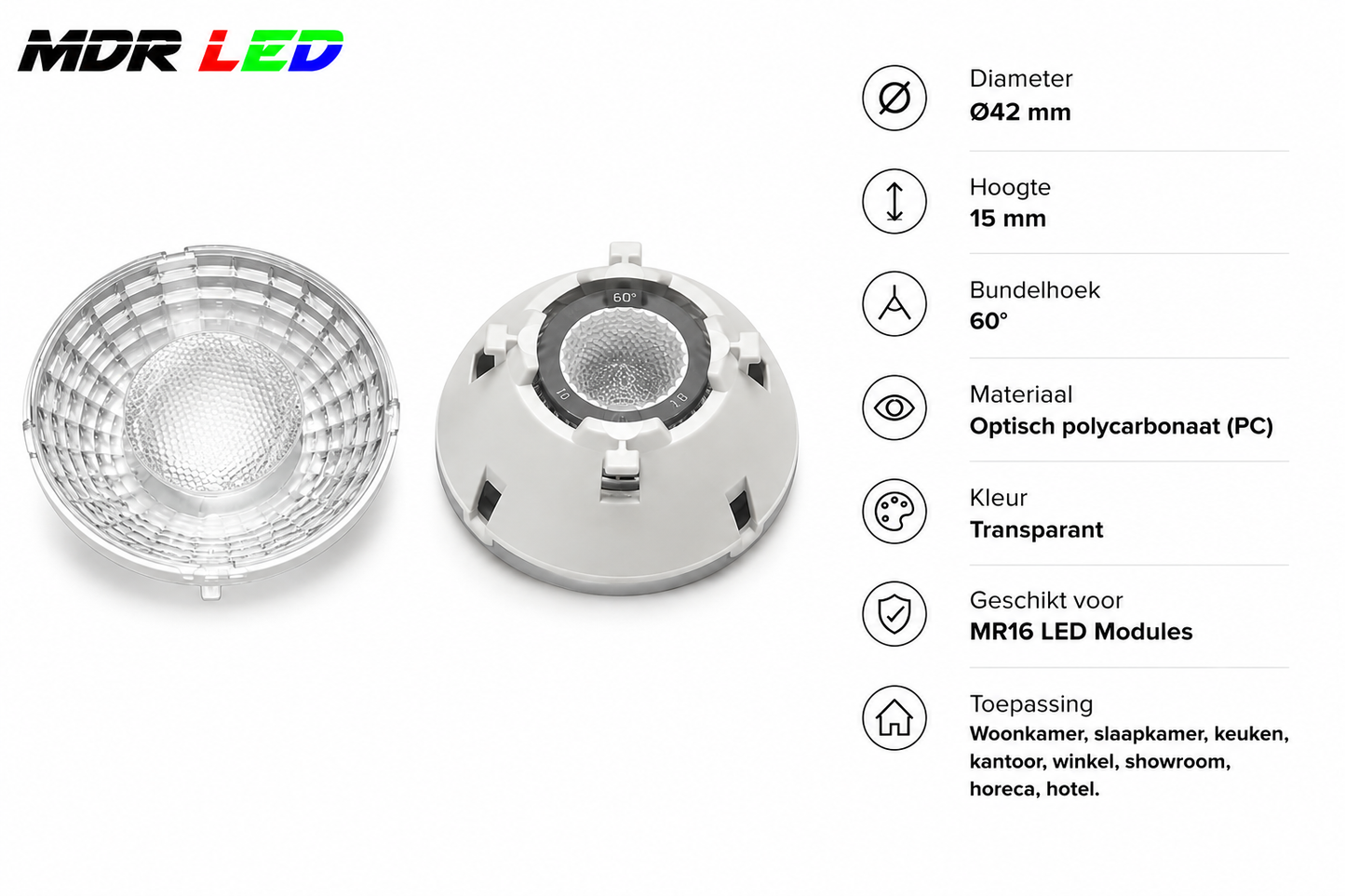 MR16 Lens 60° | Voor MR16 LED Module | Ø42 mm | Transparant | MDRLED®