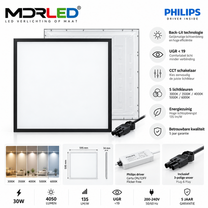 MDRLED® Back-Lit LED Paneel 60×60cm 30W | CCT | UGR <19 | Zwart