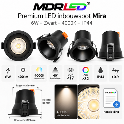 LED Inbouwspot Mira 6W – Zwart – 4000K – Dimbaar – IP44