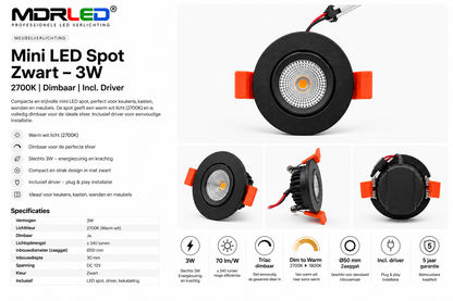 MDRLED® Mini LED Inbouwspot 3W Zwart | 2700K | Dimbaar