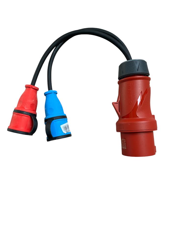 Verloopstekker | CEE 32A 5-polig naar 2x 230V contrastekker met randaarde en klep (rood + blauw) MDRLED®
