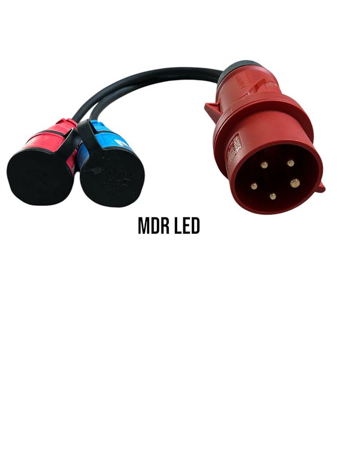 Verloopstekker | CEE 32A 5-polig naar 2x 230V contrastekker met randaarde en klep (rood + blauw) MDRLED®