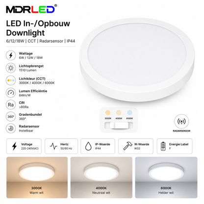 MDRLED® LED In-/Opbouw Downlight 6/12/18W | CCT | Radarsensor | IP44