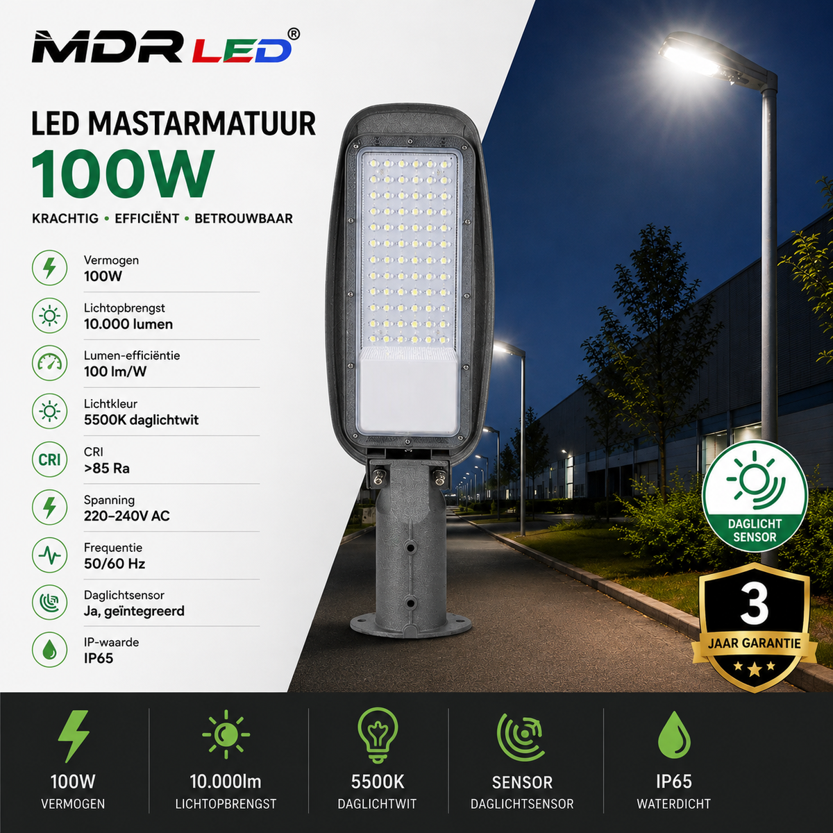 MDRLED® LED Mastarmatuur 100W | 10.000lm | 5500K | Daglichtsensor | IP65  Actie