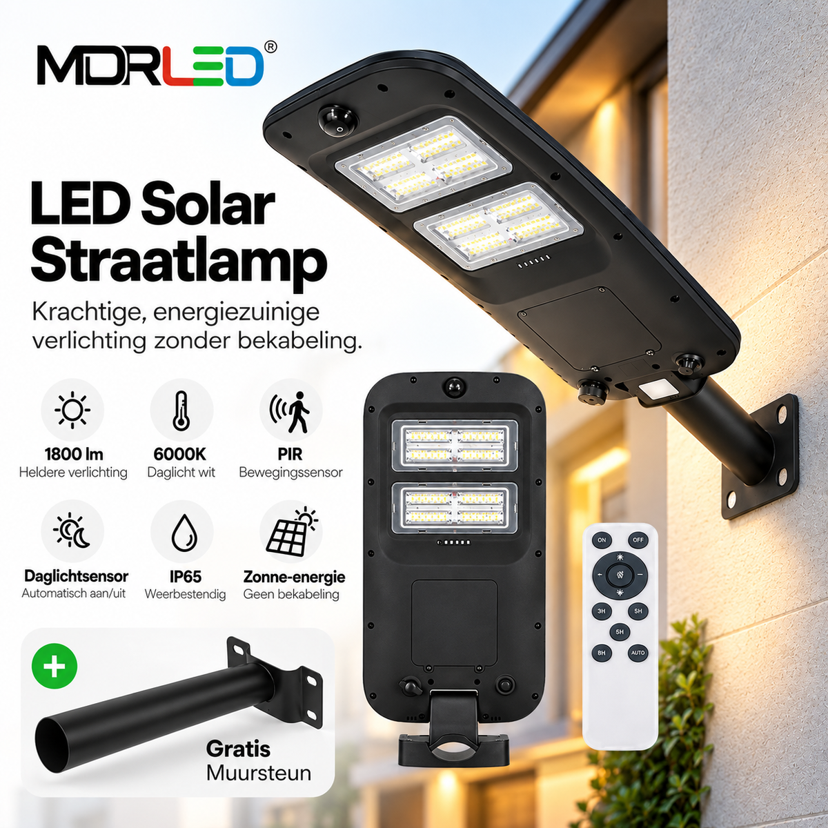 LED solar straatlamp | 1800lm | 6000K | PIR + daglichtsensor | IP65 | Incl. muursteun