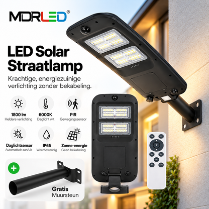 LED solar straatlamp | 1800lm | 6000K | PIR + daglichtsensor | IP65 | Incl. muursteun