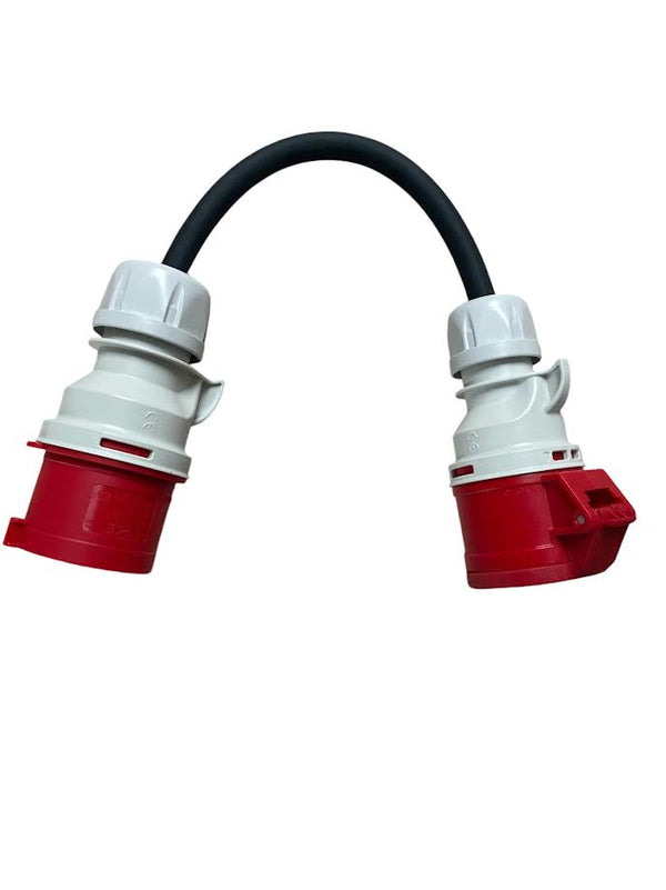 Adapterkabel 5x2,5 mm² 5polig Ingang: CEE 32A 5p stekker. - Uitgang: CEE 16A 5p koppeling MDRLED