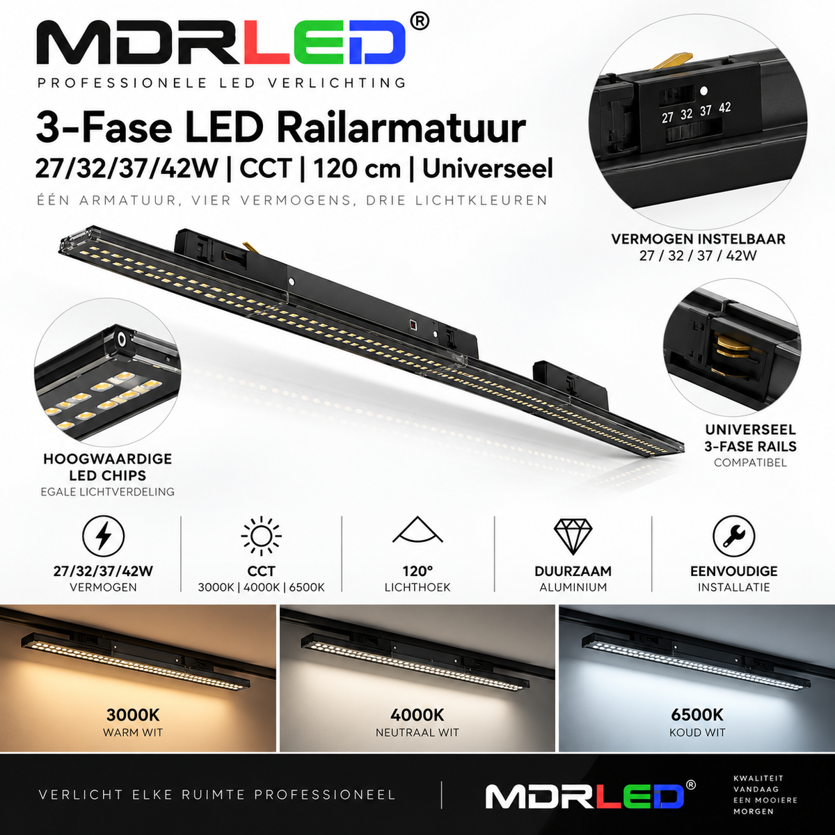 MDRLED® 3-Fase LED Railarmatuur 27/32/37/42W | CCT | 120cm