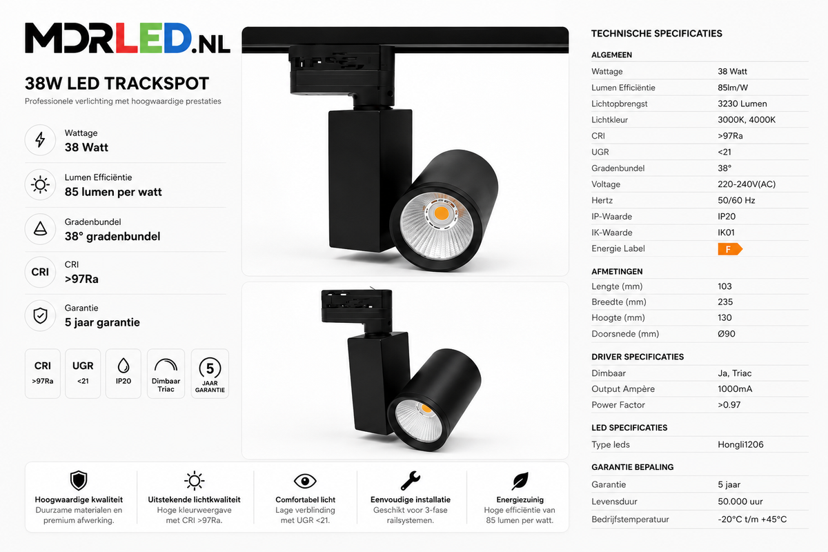 PRO 3-FAZOWA REFLEKTOR SZYNOWY MDRLED® 38W CZARNY