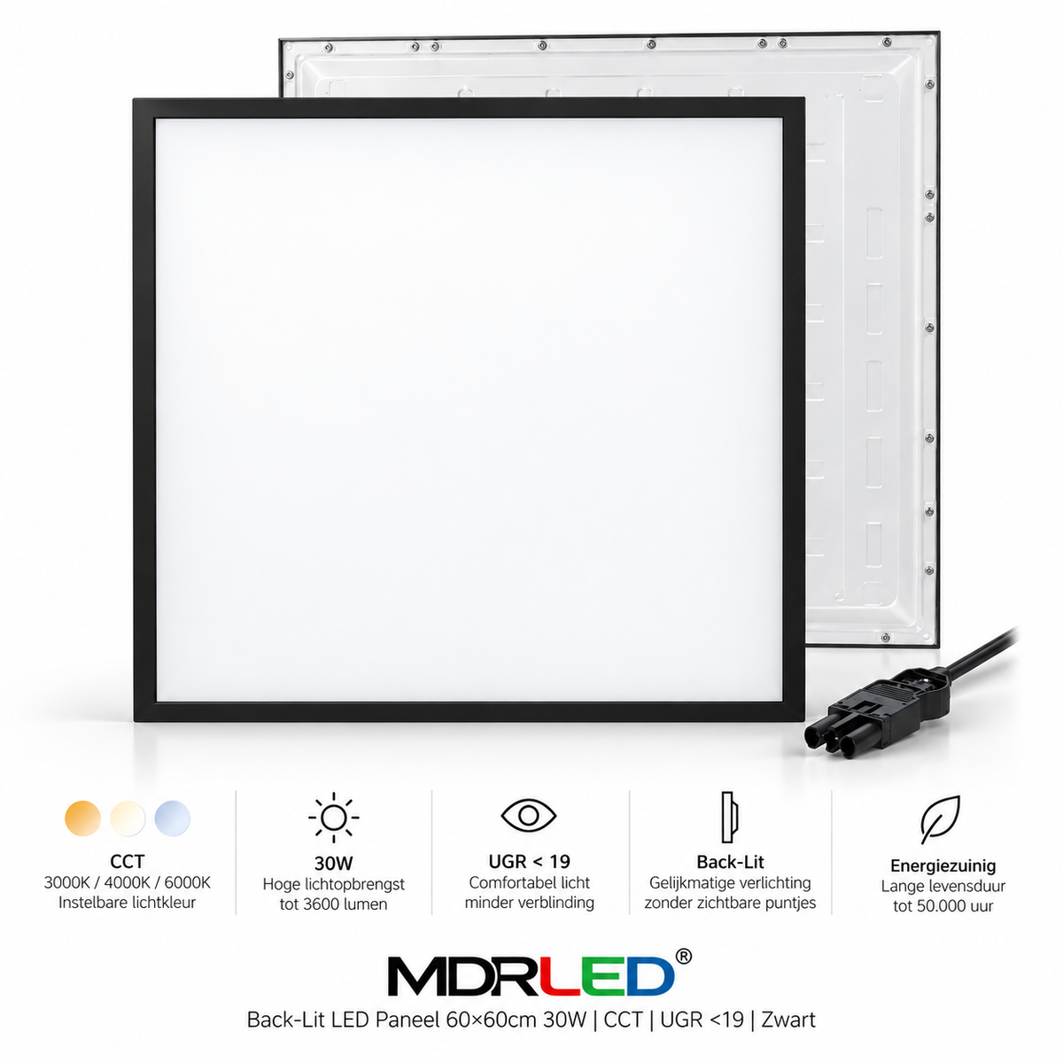 MDRLED® Back-Lit LED Paneel 60×60cm 30W | CCT | UGR <19 | Zwart