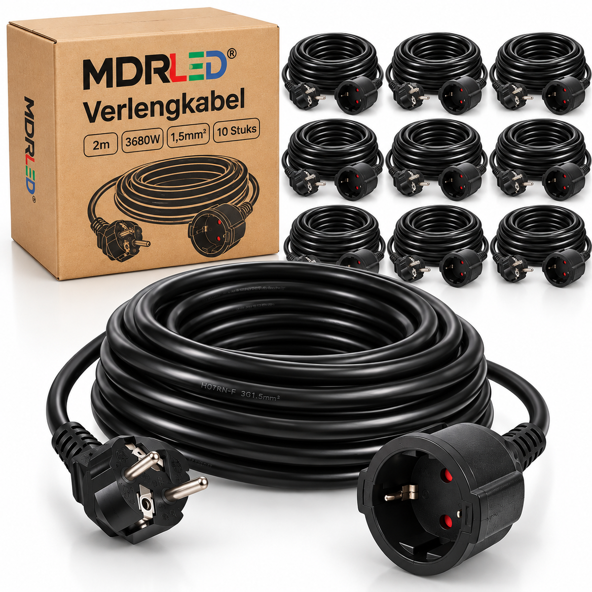 Verlengkabel | 2m | 3680W | 1,5mm² | Zwart | 10 stuks