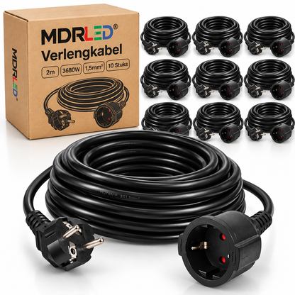 Verlengkabel | 2m | 3680W | 1,5mm² | Zwart | 10 stuks