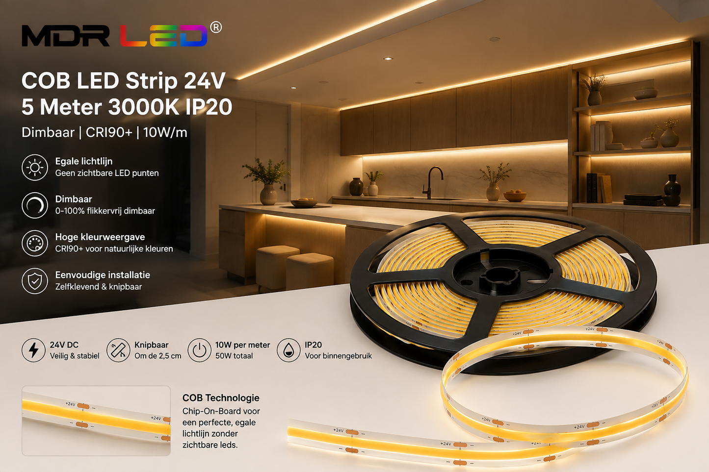 COB LED-Streifen 24V IP20 5M 10W/M 3000K MDRLED®