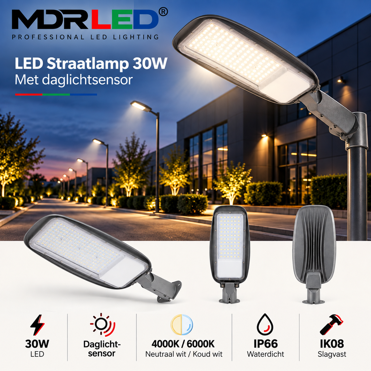 LED straatlamp | 30W | Daglichtsensor | IP66 | 4000K/6000K