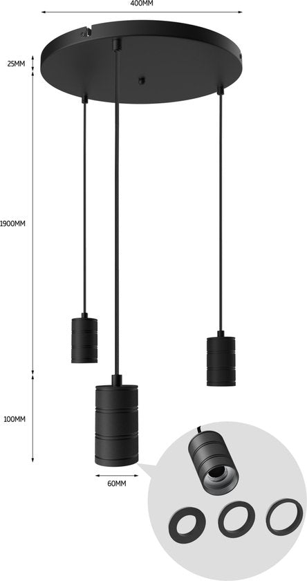 Calex Retro Plafondlamp - 3x E27 - Hanglamp Industrieel - Ø40cm Pendellamp Rond - Zwart MDRLED