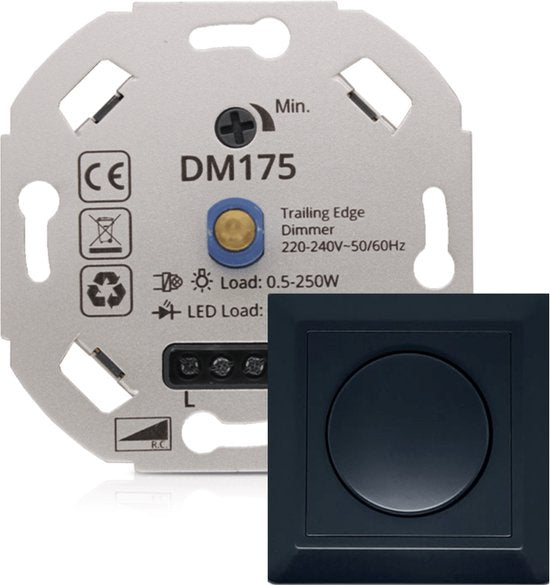 Universele LED Dimmer 0,5-200W – Inbouw Dimmer met Zwarte Afdekplaat | Fase Afsnijding (Trailing Edge) ACTIE TIJDELJK.
