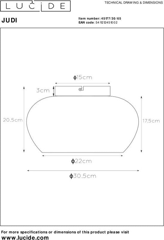 Lucide JUDI - Plafonnière - Ø 30,5 cm - 1xE27 -rookglas