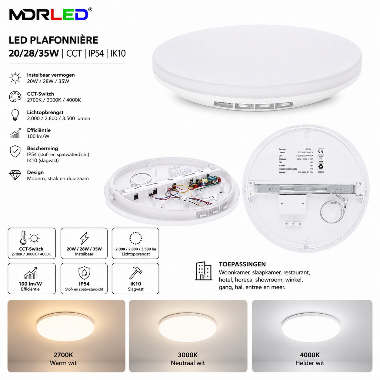 MDRLED® LED Plafonnière 20/28/35W | CCT | IP54 | IK10