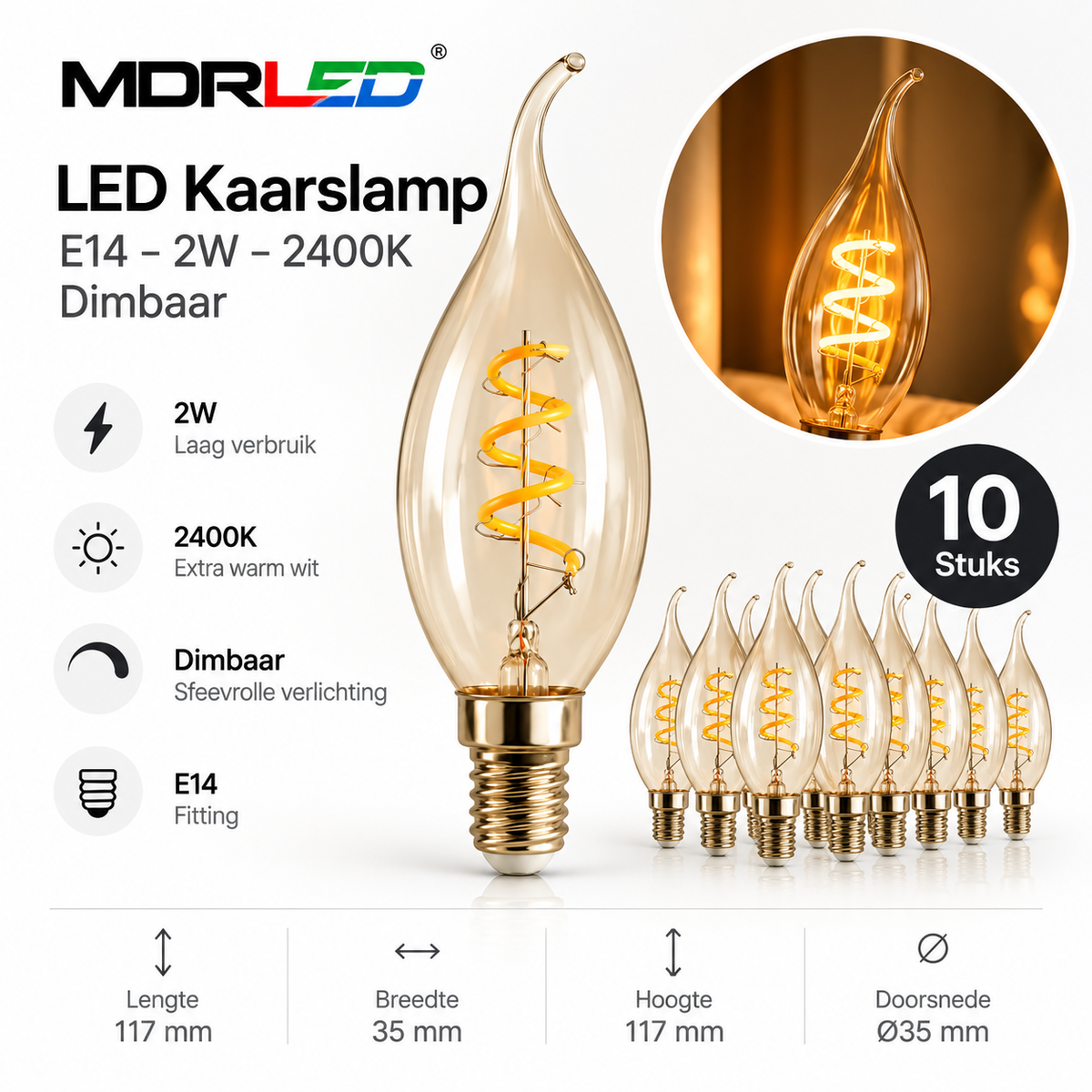 LED Kaarslamp E14 2W – 2400K – Dimbaar – 10 Stuks