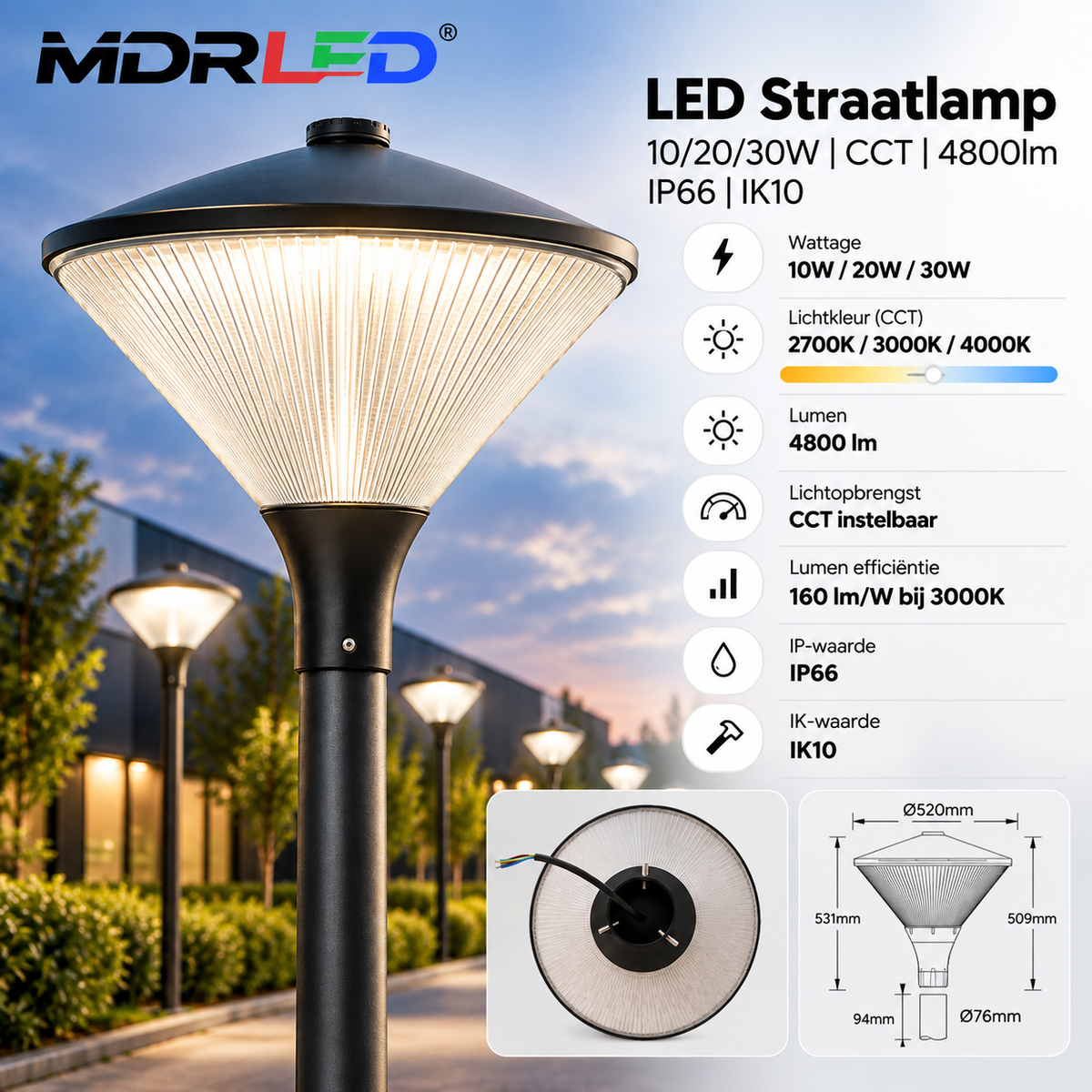 MDRLED® LED Straatlamp 10/20/30W | CCT | 4800lm | IP66 | IK10