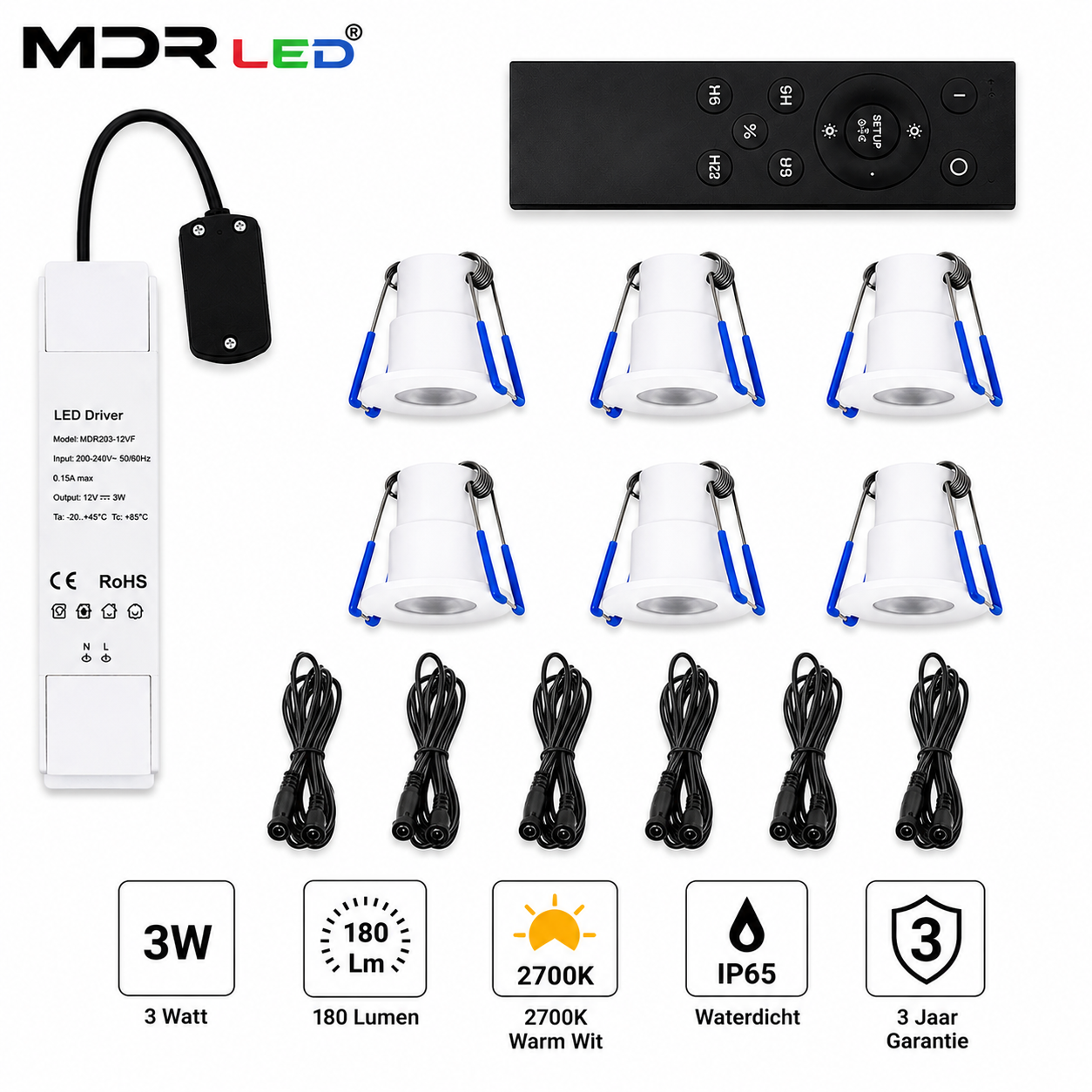 MDRLED® LED Inbouwspot Set 6 Stuks | 3W | 2700K | IP65