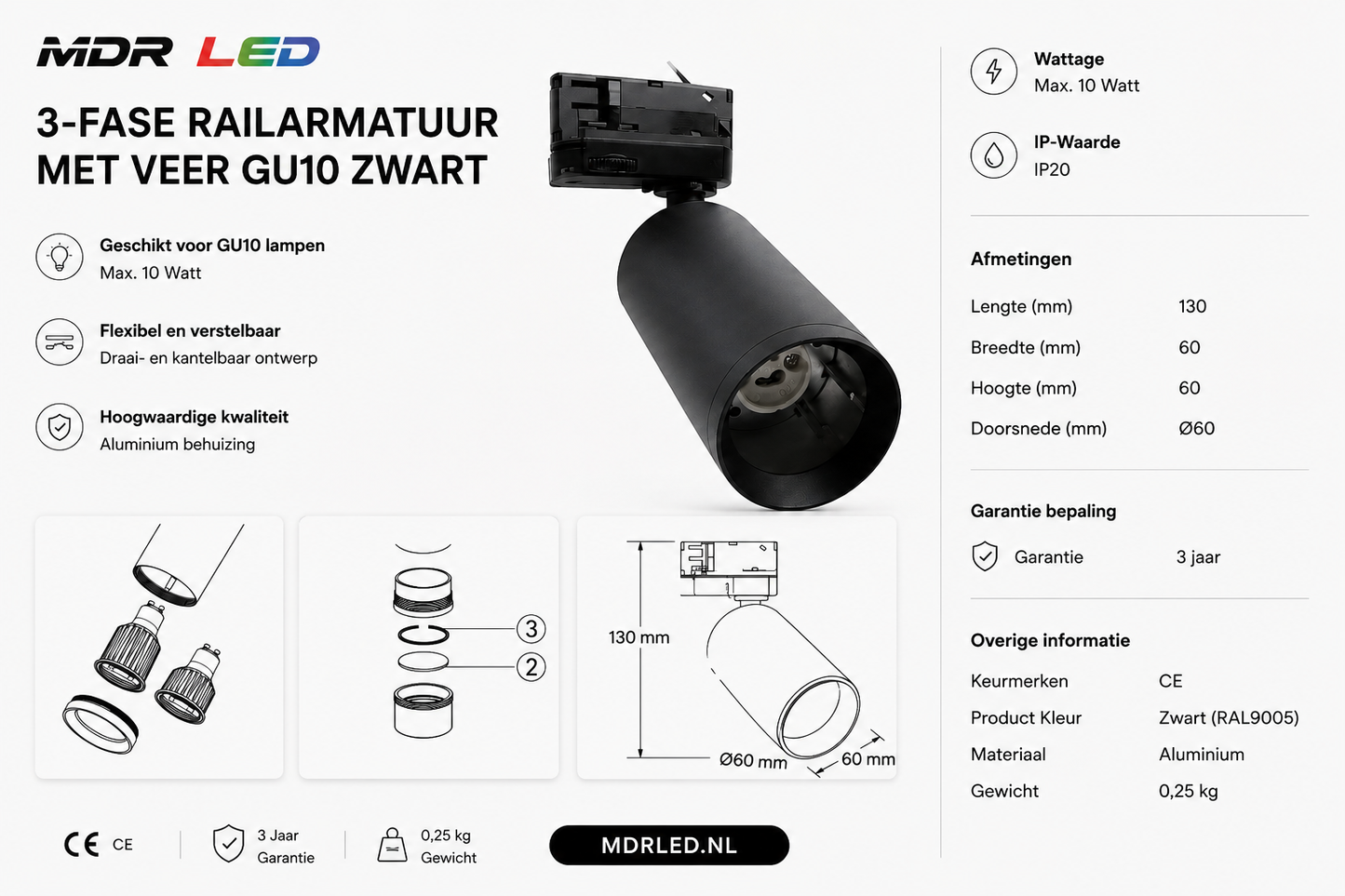 3-FASE RAILARMATUUR MET VEER GU10 ZWART  MDRLED® =