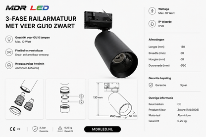 3-FASE RAILARMATUUR MET VEER GU10 ZWART  MDRLED® =
