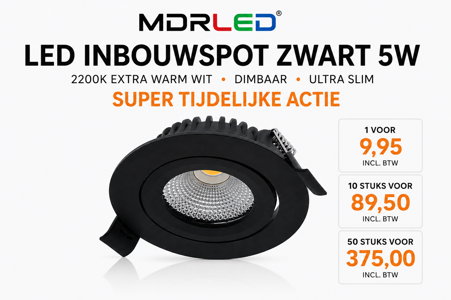 LED Inbouwspot Zwart 5W Dimbaar | 2200K Extra Warm Wit | Ultra Slim | MDRLED® OP is OP