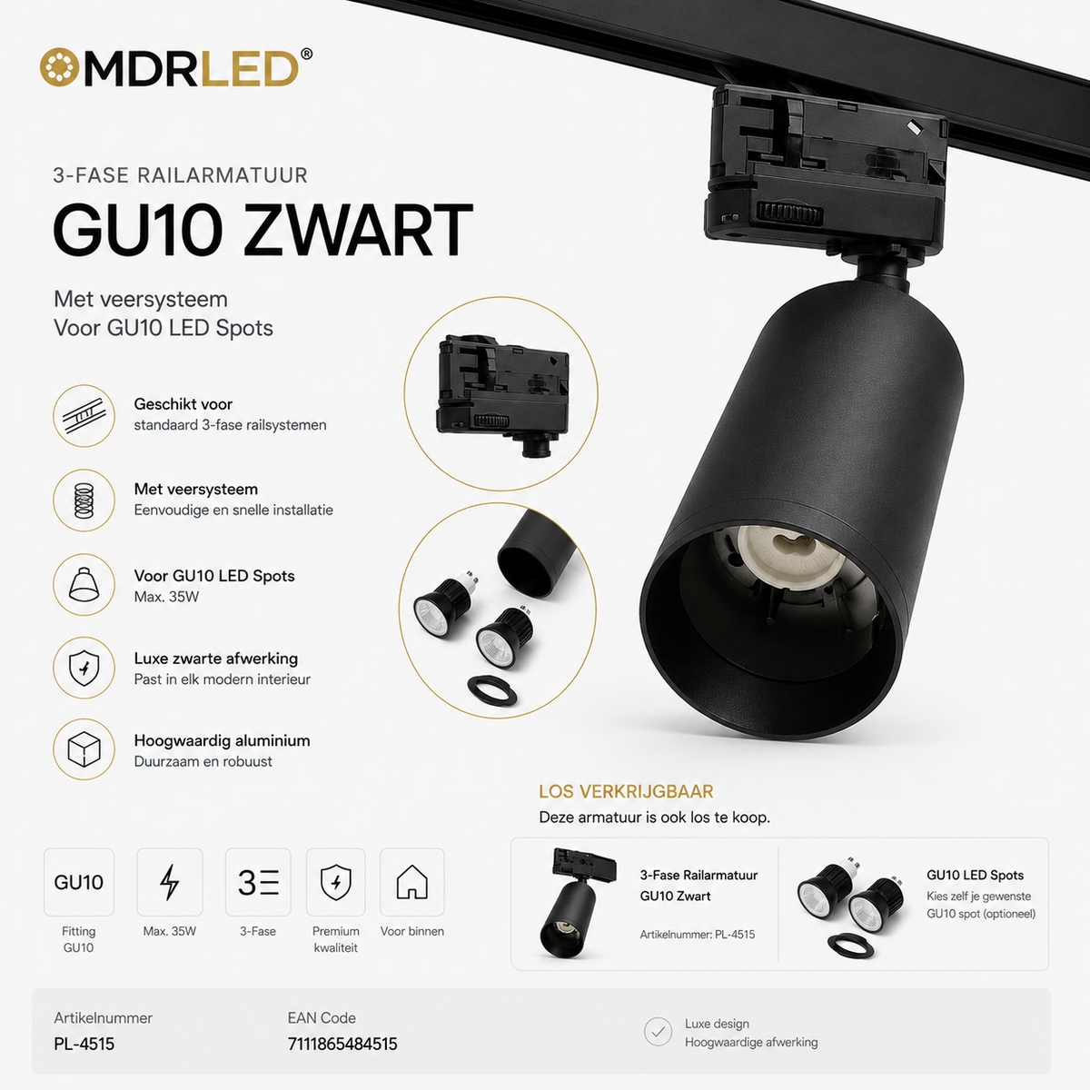 3-Fase Railarmatuur GU10 Zwart | Met Veersysteem |