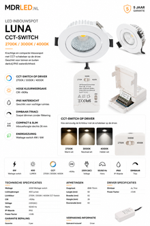 LED Inbouwspot  Luna 6W  Dimbaar WIT CCT-Switch IP65