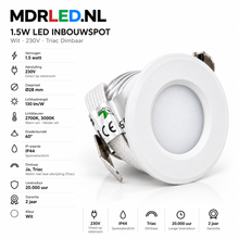 Mini LED Inbouwspot 1,5W | Dim to Warm 2000K–3000K | CRI >90 | IP44 | Wit