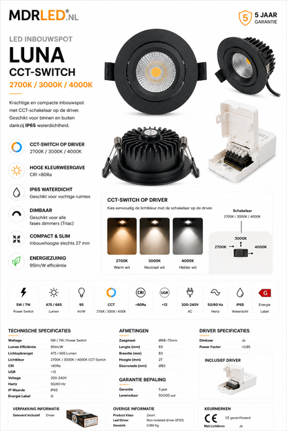 LUNA LED Inbouwspot | Zwart | 5W/7W | IP65 | CCT-Switch | Dimbaar