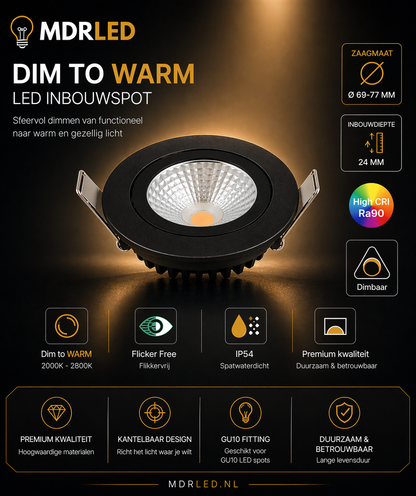 LED INBOUWSPOT SLIM-FIT  Ø68-78mm 5W  DIM2WARM  ZWART