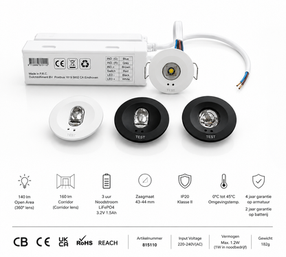 LED Noodverlichting Inbouwspot Wit/Zwart  360° & Corridor Lens  Self-Test  IP20