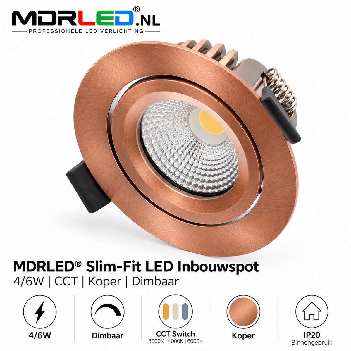 MDRLED® Slim-Fit LED Inbouwspot 4/6W | CCT | Koper | Dimbaar