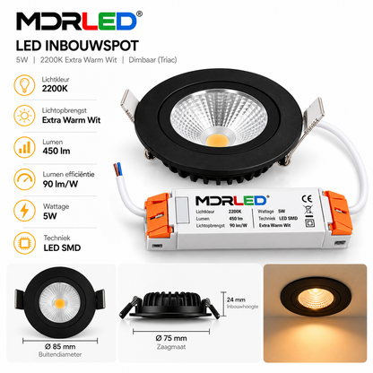 Luna LED inbouwspot | 5W | 2200K | Dimbaar | Zwart | IP42